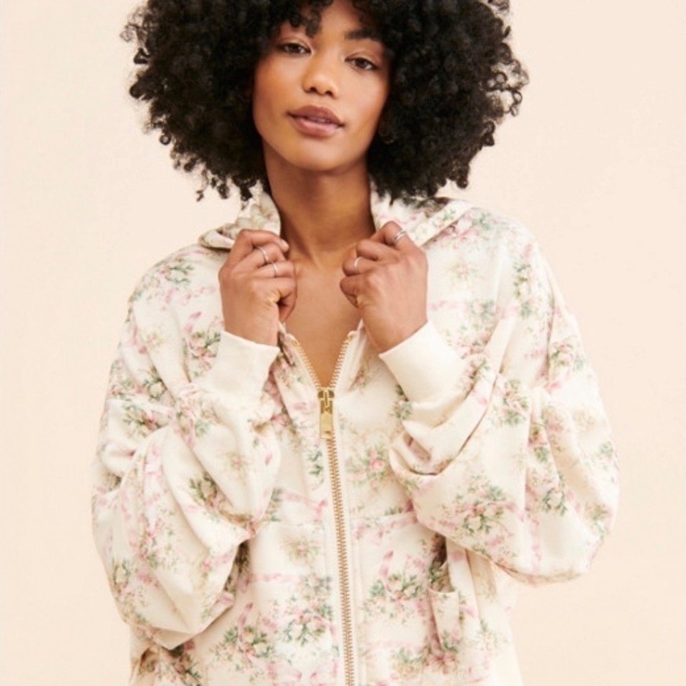 Selkie x Free People Zip-Up All Day Pillow Ivory Floral Hoodie Jacket Size Small - Picture 2 of 5